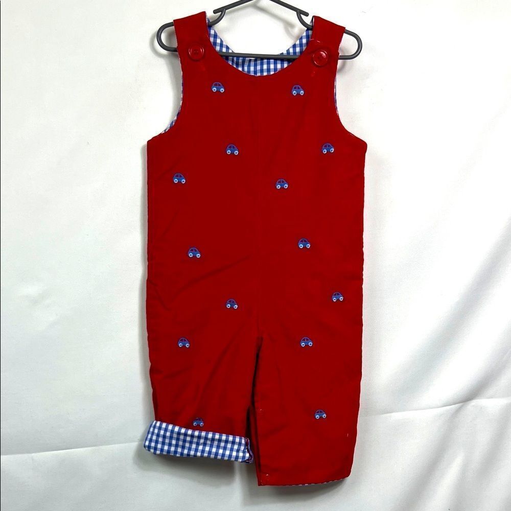 Zuccini Red Cotton Corduroy  blue gingham reversible John John embroidered cars